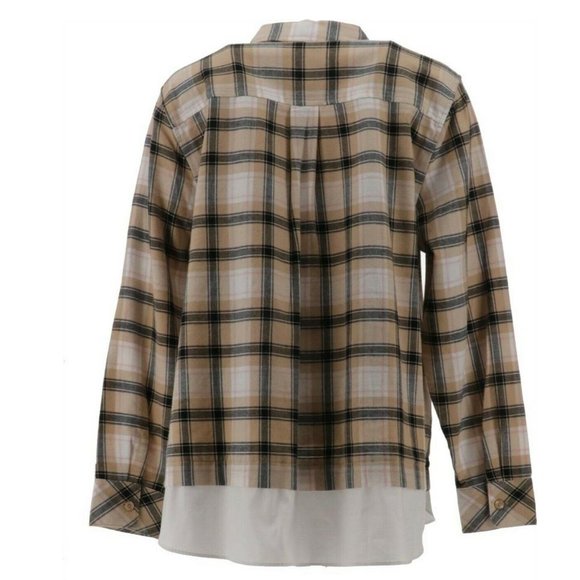 Isaac Mizrahi Live! Plus 22 Plaid Button Front Layered Shirt Neutral Tan 22W - Picture 5 of 9